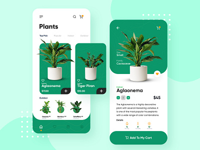 Plant Shop add to cart app app design bright cards cart clean eccomerce app eccommerce flat green minimal minimalism plant plants shop shopping app store ui ux