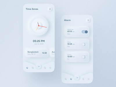 Alarm Clock App alarm alarm app clean clean ui clock clock app ios app layout minimal minimalistic neumorph neumorphism skeuomorph skeuomorphism stopwatch time trending ui uidesign ux