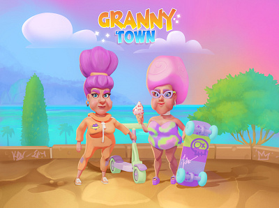 Granny Town 2d art 2dart art for game cartoon style character design character woman house illustration landscape ui
