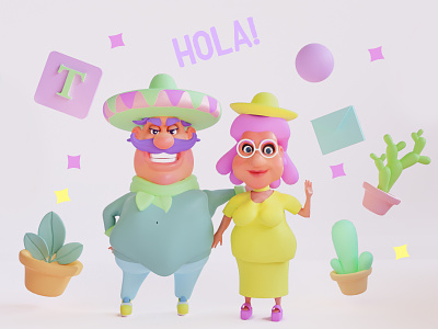 Mexican cartoon characters 2d art 3d illustration app design blender3d cactus cartoon style illustration mobile product design products ui