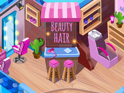 Isometric art. Interior design for one game company 2d art cartoon isometric art for game pink