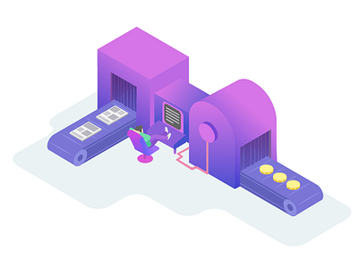 Factory conveyor belt cryptocurrency factory gradient illustration isometric worker