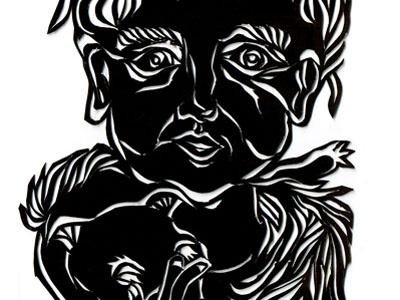 little fox & child black white illustration papercut