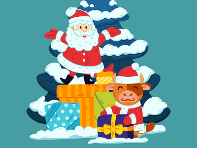 Cute little bull and Santa Claus with gifts and Christmas tree children childrens book chinese new year christmas cow happy new year illustrator merry christmas merry xmas merrychristmas new year ox vector vector illustration year of the ox