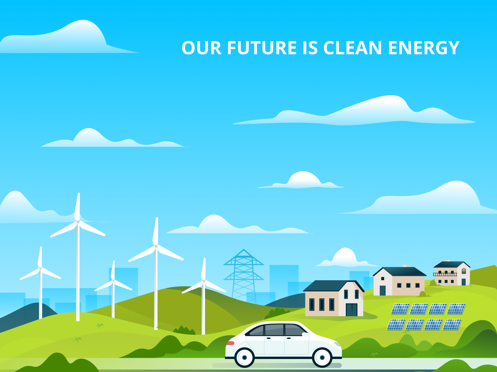 Our Future Is Clean Energy car cleanenergy design drawing electric electrical electriccar energy future illustration modern sketch solar solar panel vector wind windmill