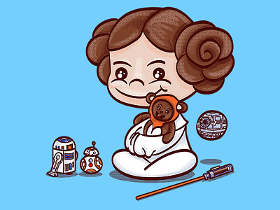Little Leia and Her Toys bb8 character chewbacca ewok illustration jedi lightsaber princess leia r2d2 skywalker star wars vector