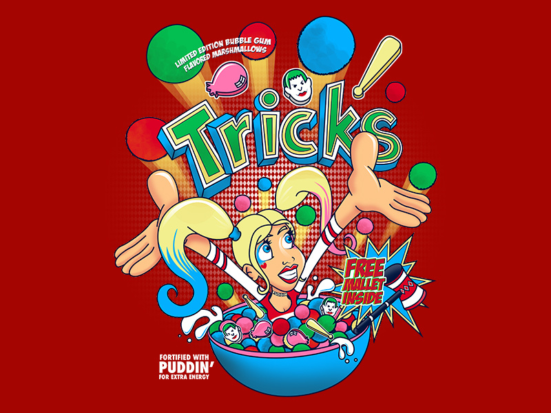 Silly Harley, Tricks are for Kids fan art typography quinn harley parody illustration design box cereal