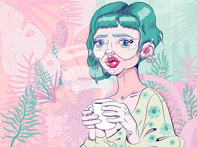 Greenhouse teatime art digital art drawing flowers girl illustration illustrator line art pastel