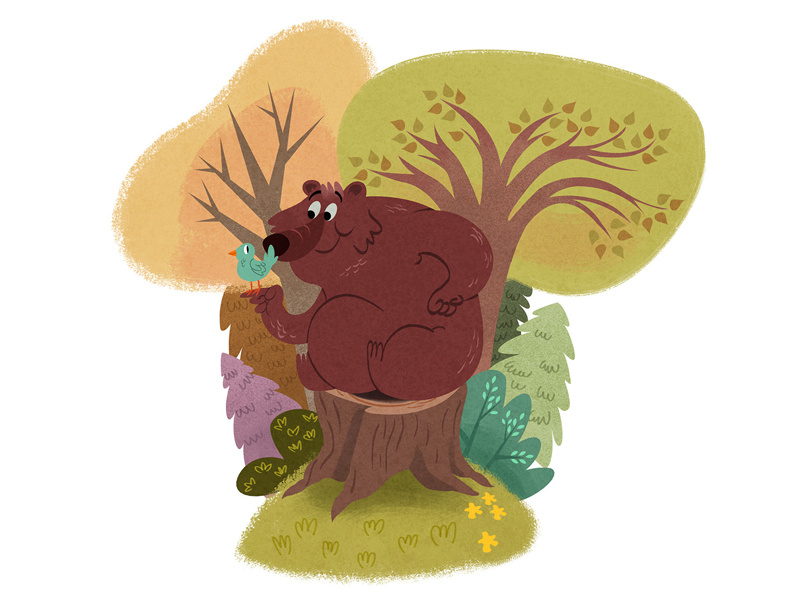 Forest bear spring flower grass shrub bush tree bird design character illustration forest bear