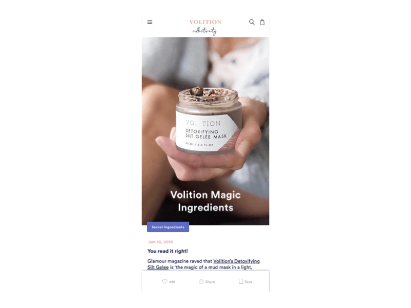 Volition Beauty Blog Content Page mobile ui design sketch