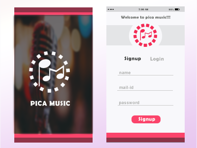 Pica Music Sign up form login music popular register form screen welcome