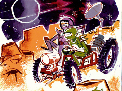 Spacemen Driving cartoon gouache painting planet space watercolor