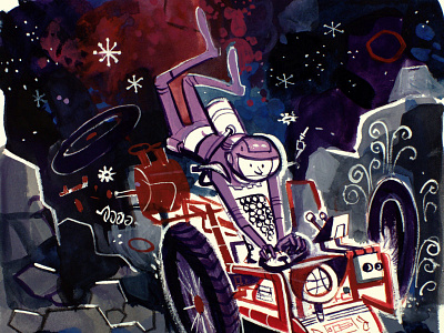 Spaceman's Wild Ride gouache painting spaceman watercolor