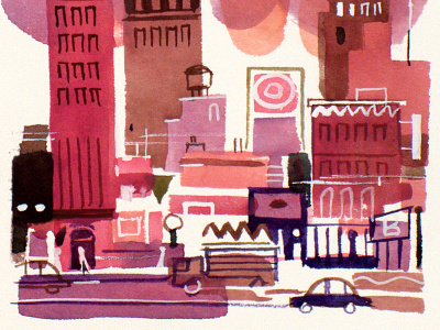 Busy City cityscape gouache painting watercolor