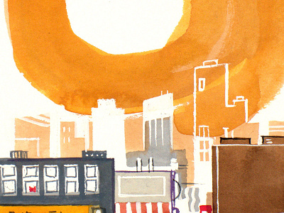 Too Hot, How About a Movie? cityscape gouache painting watercolor
