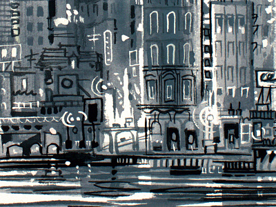 Grey City cityscape gouache painting watercolor