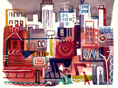 Active City cityscape gouache painting watercolor