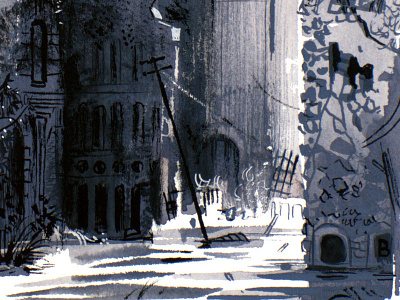 Drowned City cityscape gouache painting watercolor