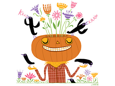 Friendly Scare Crow character art character design crow flowers illustration jack o lantern jeff harter pumpkin scarecrow