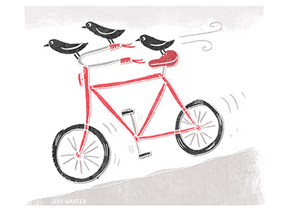 Flying birds crows humor red bike jeff harter humorous character art