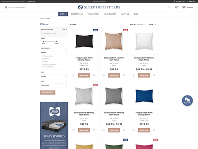 Sleep Outfitters. Product list page design e commerce figma illustrator list pillow plp products store ui ux web website