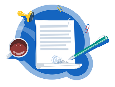 Contract art blue coffee contract cup document illustration office paper pen seal stationery work