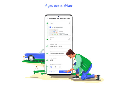 Driver (Breengy app) app blue boy car cart driver illustartion jeans mobile mustang nature road trip