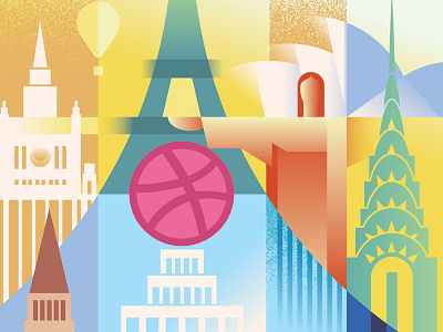 Hello Dribbble around attractions city debut hello hi landmark poster retro travel trip world