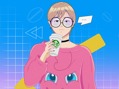 Coffee Time 2d 80s 80s style anime animeart character characterdesign coffee coffee cup color illustration illustrator ipadpro mangaart nobinary procreate starbucks