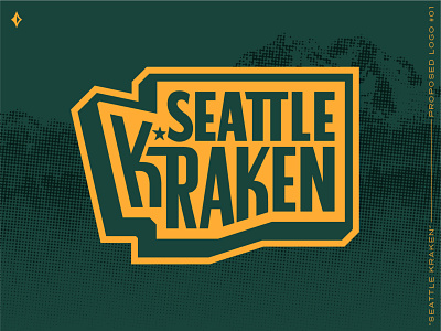 Seattle Kraken, proposed mark #1 athletics forest green halftone hockey kraken mountains nhl northwest outdoors patch pin seattle sports sports branding sports patch squid washington washington state