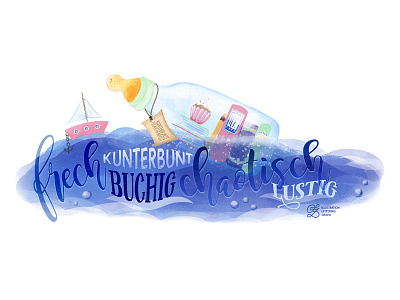 Kunterbunte Flaschenpost banner boat books bottle message colorful lettering message sea words