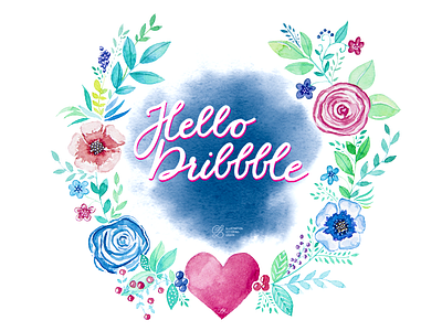 Hello Dribbble! handlettering hellodribbble watercolor wreath