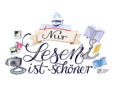 Bannerillustration 'Nur Lesen ist schöner' banner bookblog digital watercolor handlettering illustration reading watercolor