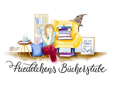 Bannerillustration 'Friedelchens Bücherstube' banner bookblog digital watercolor handlettering illustration reading watercolor