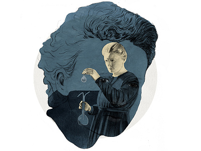 Marie Curie blue drawing editorial illustration portrait realism surrealism