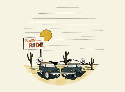 Twogether we ride adventure cacti cactus desert design hand drawn illustration nature outdoors procreate retro sand simple summer sun sunset truck