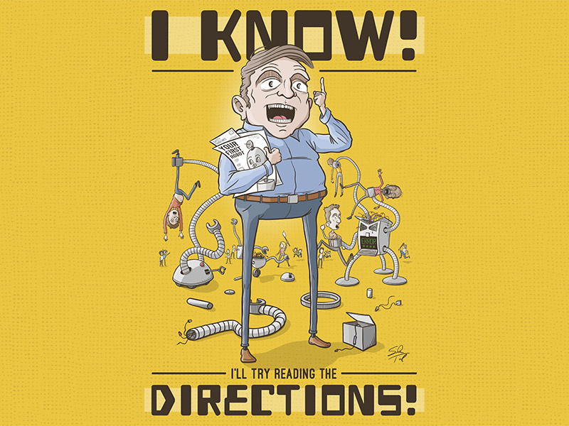 I Know! I'll Try Reading The Directions directions disaster robots character cartoon illustration drawing