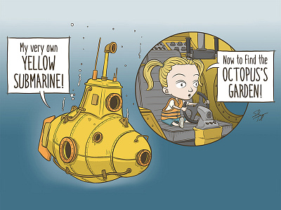 Yellow Submarine cartoon character drawing illustration kid ocean octopus sea submarine