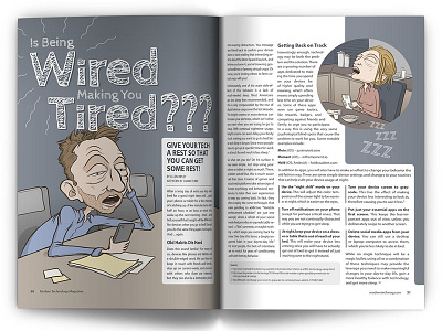 Is Being Wired Making You Tired? article cartoon character drawing editorial illustration magazine sleep tired wired