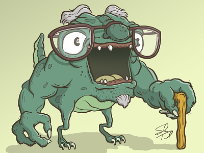 What do monsters do when they get old? Retire? cane cartoon character drawing drawn by shawn illustration monster old retire
