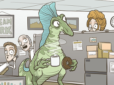 Maybe the old boss wasn't so bad cartoon character coffee dinosaur donut drawing illustration office