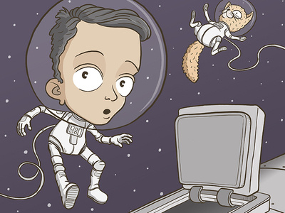 Space boy (with his reluctant cat) adventure astronaut cartoon cat character drawing drawn by shawn illustration kid space space walk