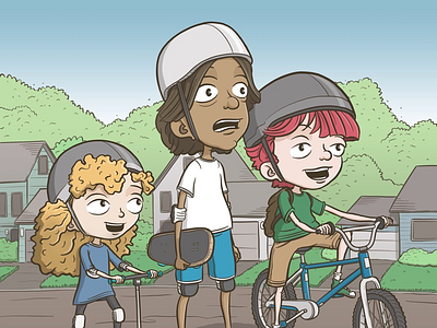 The neighborhood kids look like they’re up to something bike fun illustration kids neighborhood outside play scooter skateboard