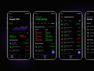 Expense management app account banking calendar charts dark mode date picker expense filters finance finance app income minimal mobile app overview payments reset password sign up ui ux