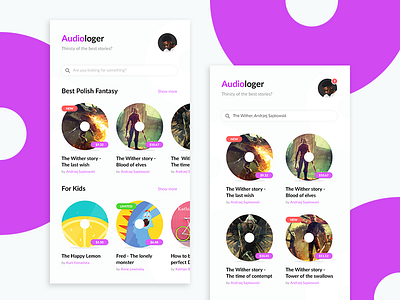 Audiologer - Audiobooks here audio book cart disc profile purple search shop ui ux
