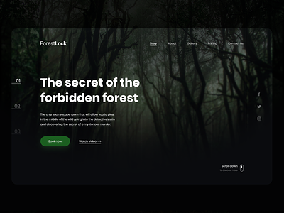 🌲 ForestLock - Hero escape room website about blur buttons cta escape room forest gray grid header hero hero banner hero image landing navbar scroll down social media webdesign website website concept website design