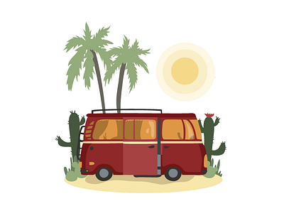 Let's travel around your world! bus digital illustration palm pic sun travel vector