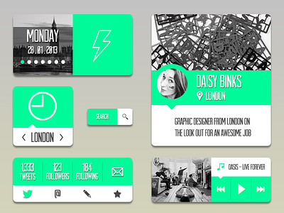 Widgets interface music music player profile screendesign social widget time twitter ui weather weather widget widget widgets