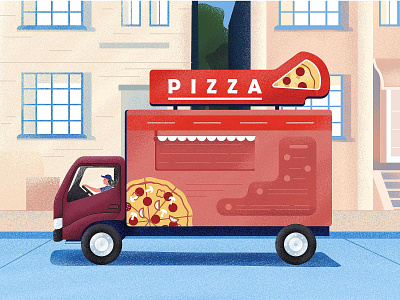 Pizza Truck blue car character delivery delivery truck flat illustration pizza pizza logo texture truck vector woman