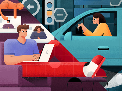 Home Office blue car couch design driving home home office illustration laptop man meeting office traffic traffic jam woman work zoom